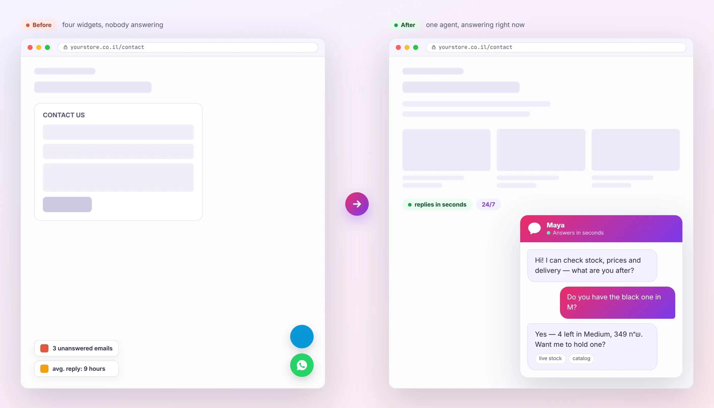 A website with a contact form, a chat widget and a WhatsApp button, next to the same site with a single LetsTok agent answering a stock question