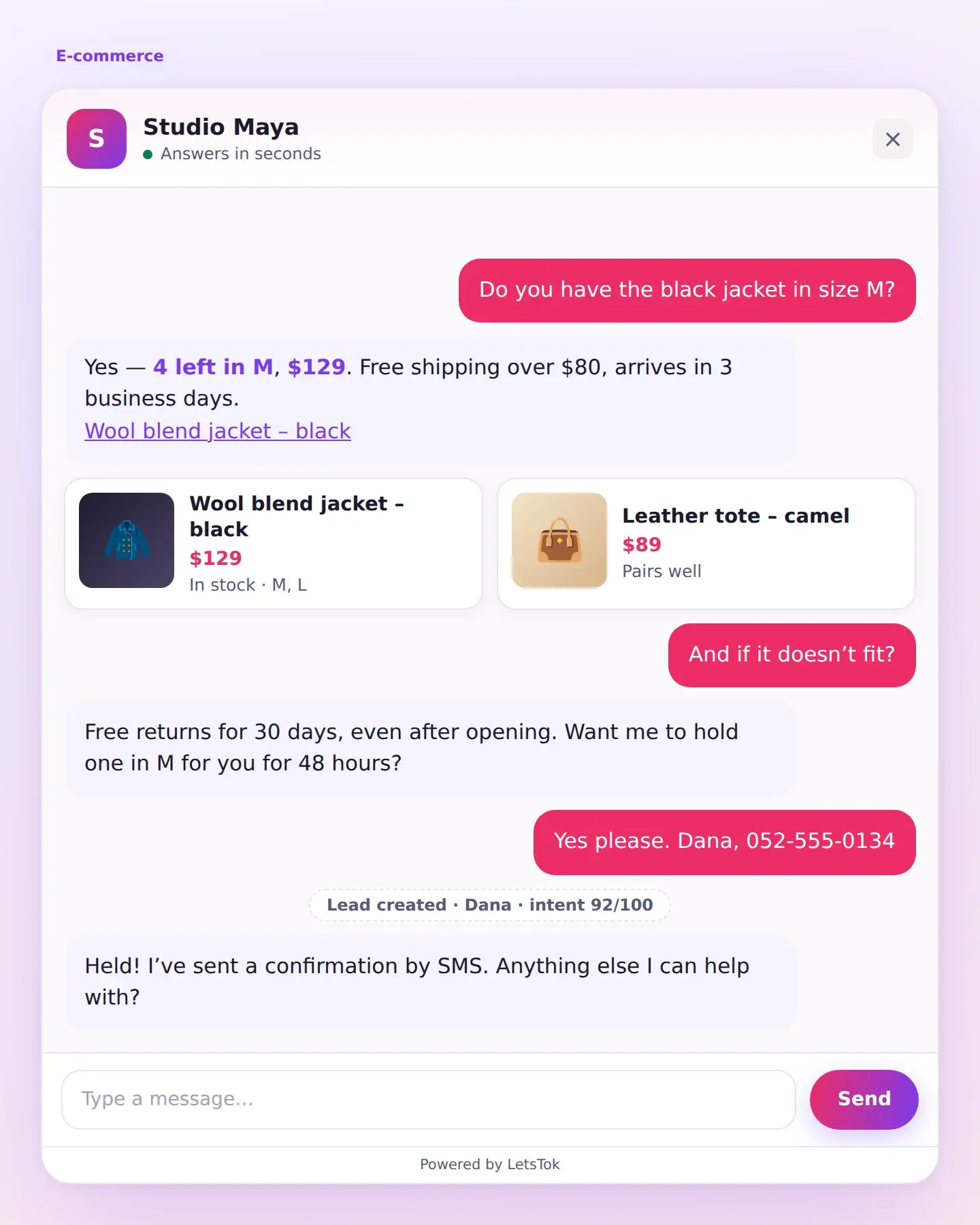 Chat: a shopper asks about a black jacket in size M; the agent confirms four in stock, shows the product card and holds one