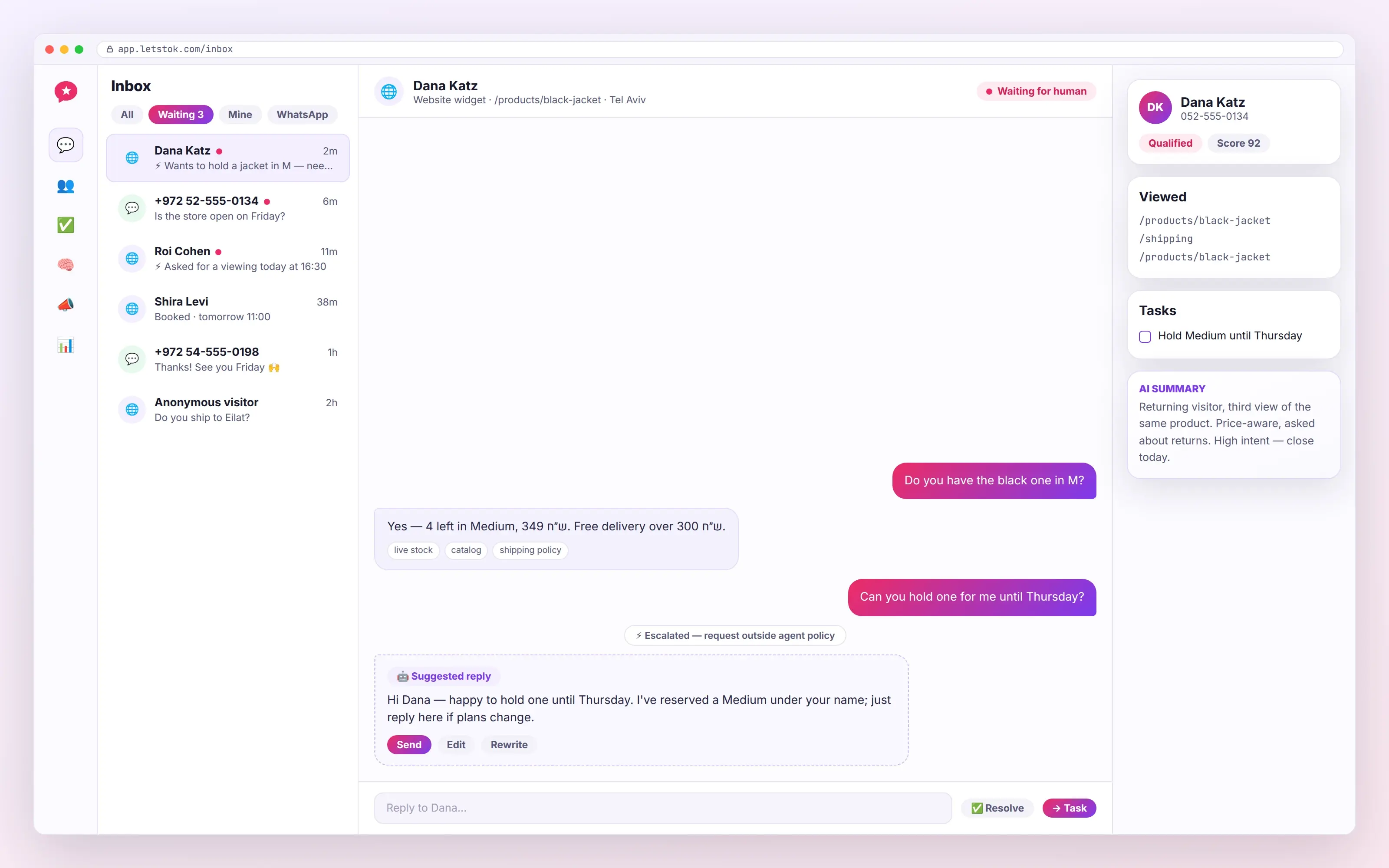 The LetsTok Agent inbox: conversation list, thread with an escalated conversation, and an AI-suggested reply