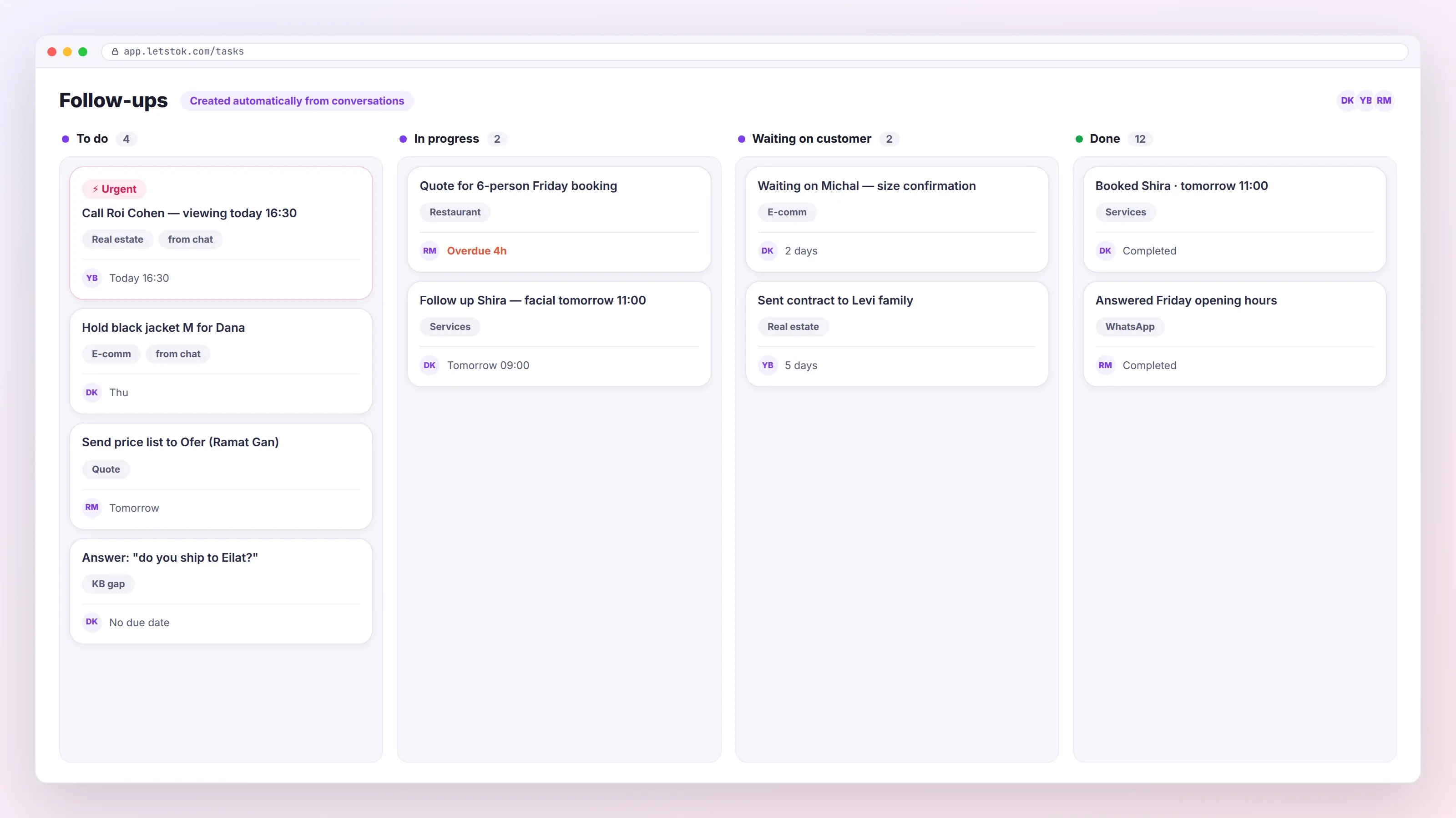 A kanban board of follow-up tasks created automatically from conversations