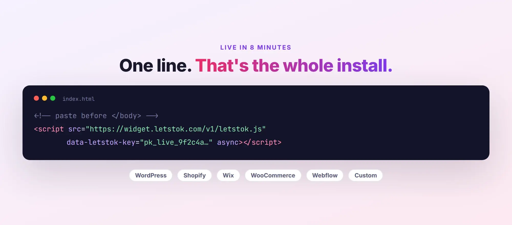 The one-line install snippet on a dark code card