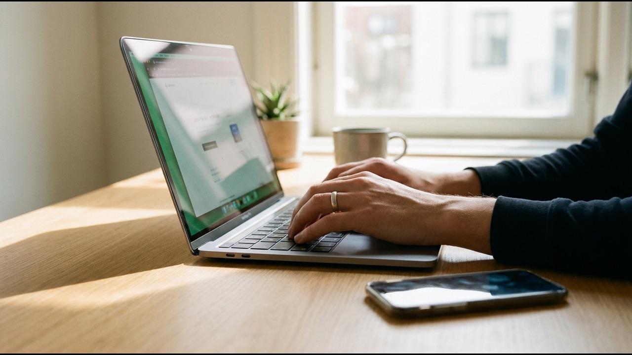 A website visitor browsing on a laptop with a phone beside them