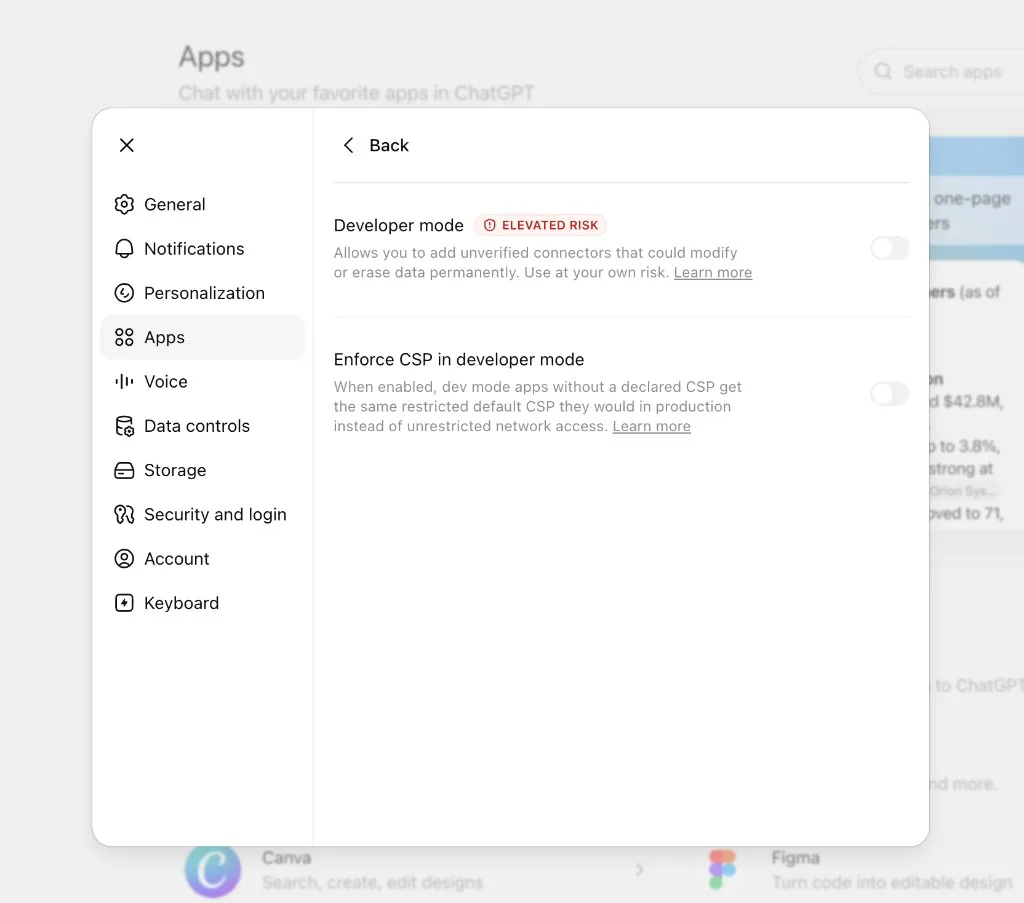 Apps settings showing the Developer mode toggle (off) under Advanced settings