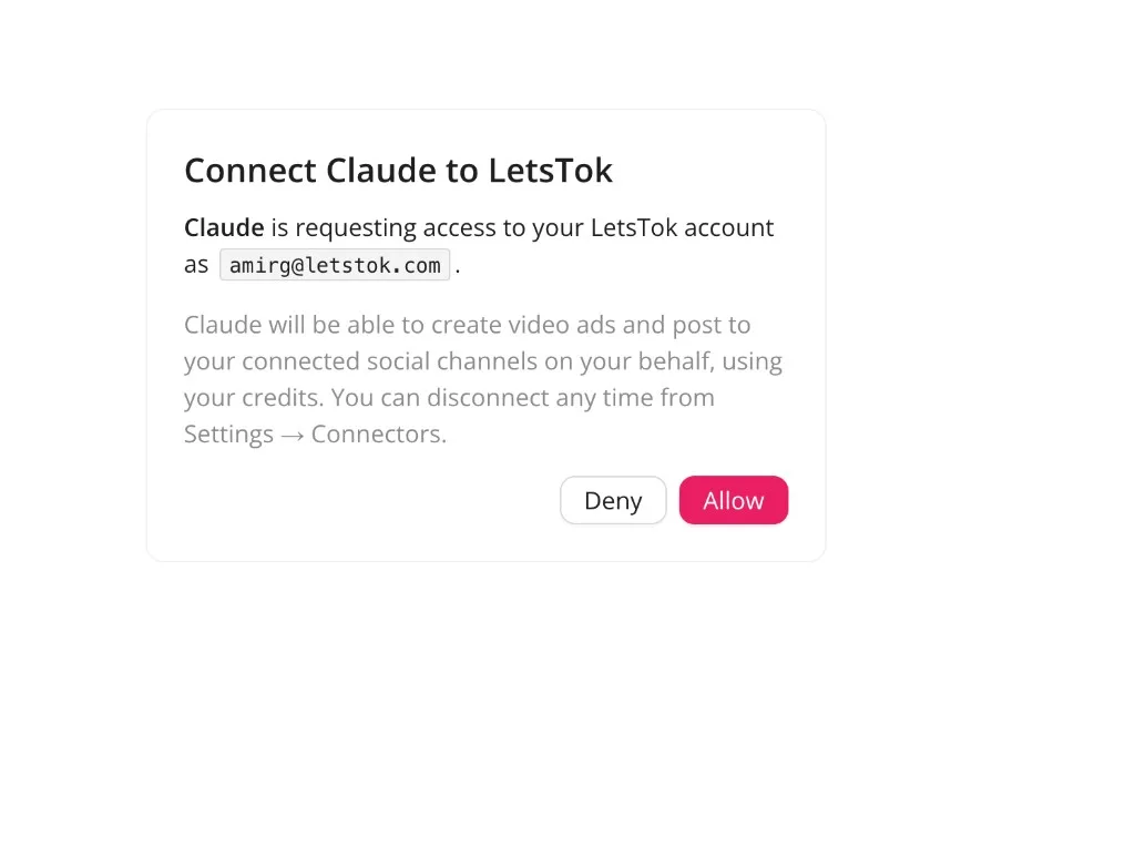 LetsTok consent screen requesting access, with Deny and Allow buttons