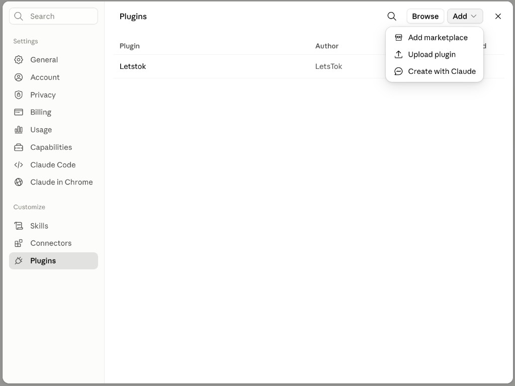 Claude Settings → Plugins with the Add menu open, showing the Add marketplace option