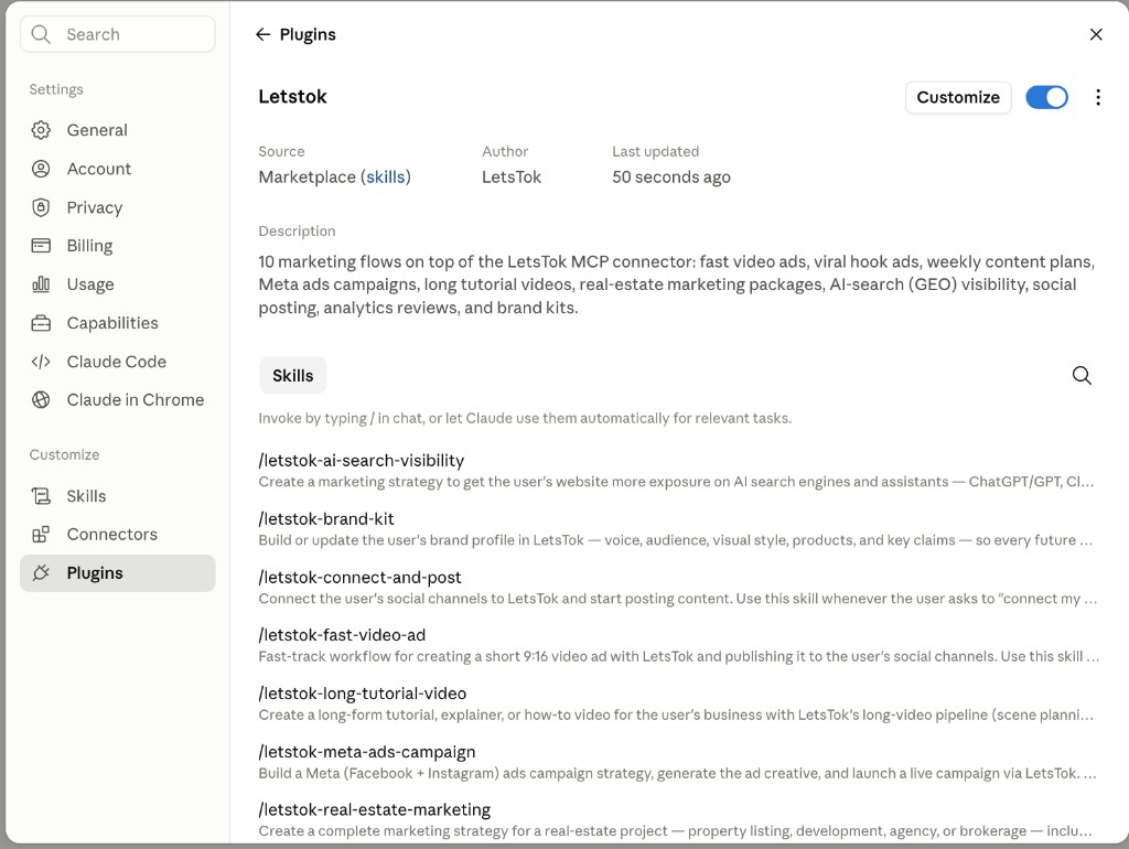 The installed Letstok plugin enabled in Claude, listing all /letstok skills ready to invoke